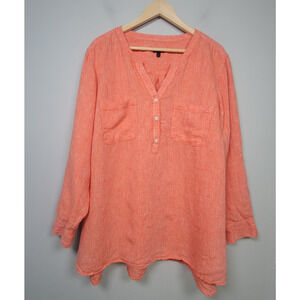 Talbots Popover Shirt Plus 3X Linen Long Sleeve Roll Tab 100% Linen Top Orange